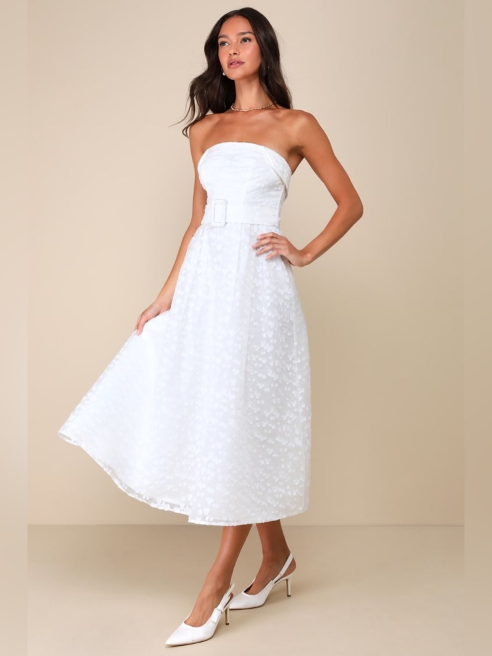Lulus Enviable Grace White Burnout Strapless Belted Midi Dress Size Large Bridal